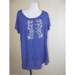 Brina & Em Womens Gauzy Peasant TOP - Size 1X - Blue Embroidered Bodice Shirt